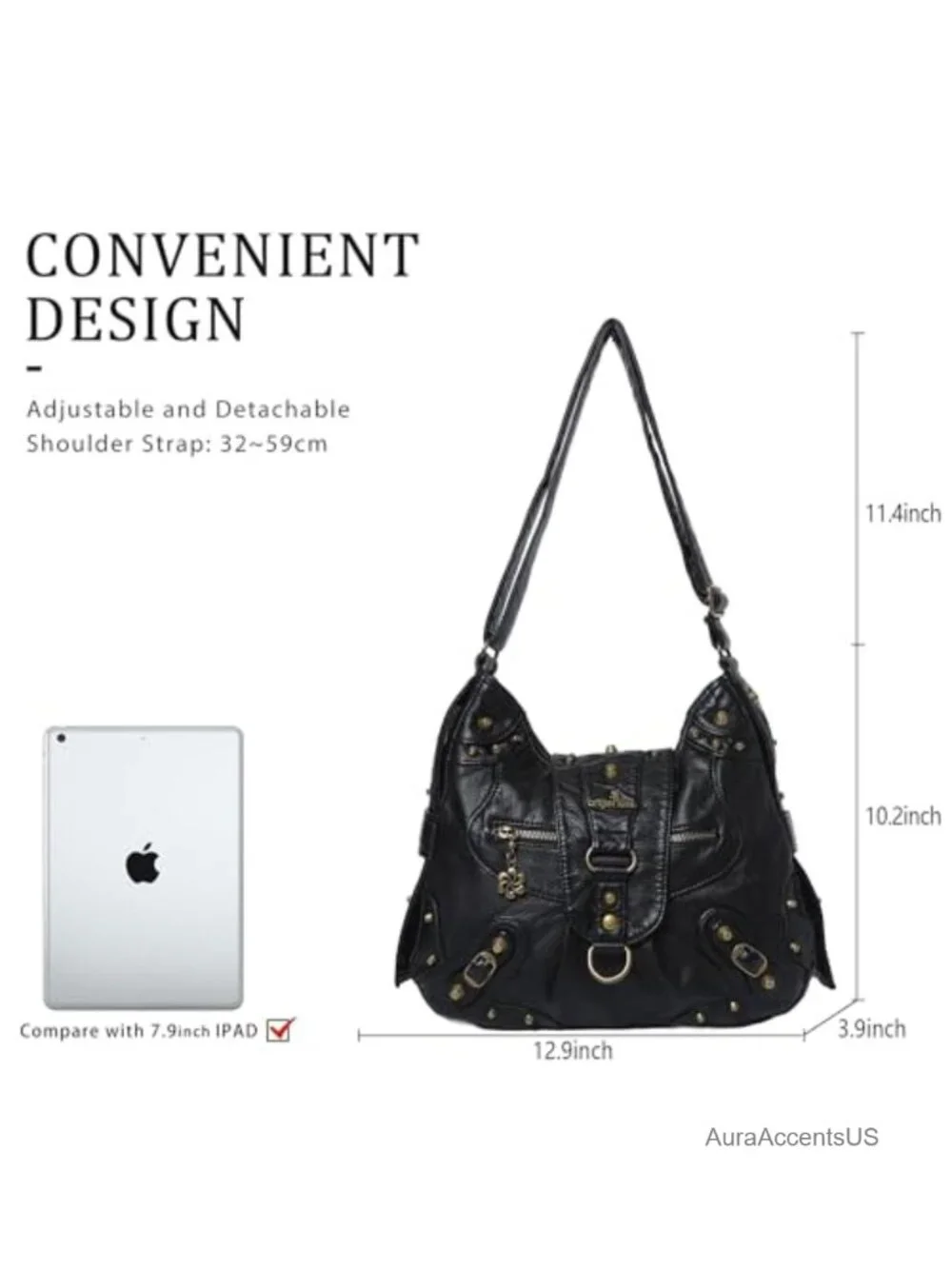 Studded Vegan Leather Hobo Bag Crossbody Shoulder Purse Medium